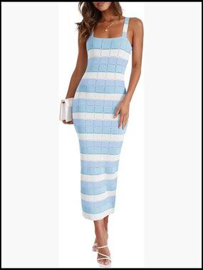 Striped Bodycon Midi Dress Sleeveless Square Neck Knit Summer Tank